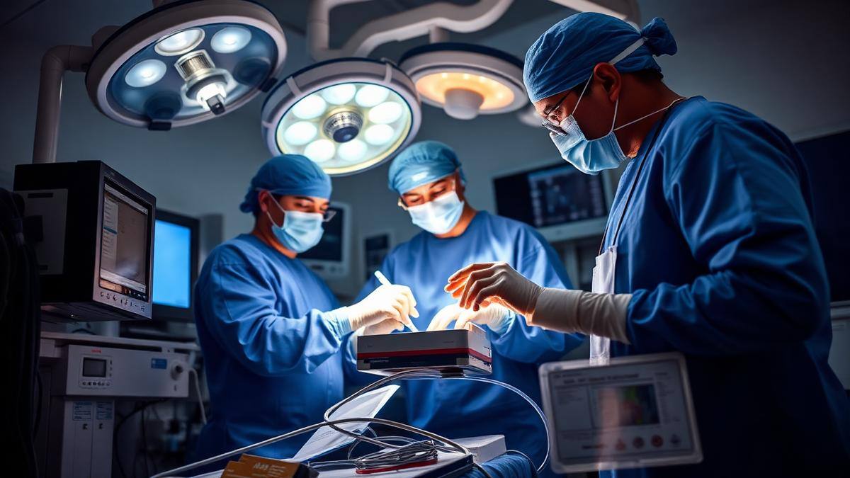 Cardiac surgical team operating under theatre lights in a modern Indian hospital during a coronary bypass procedure