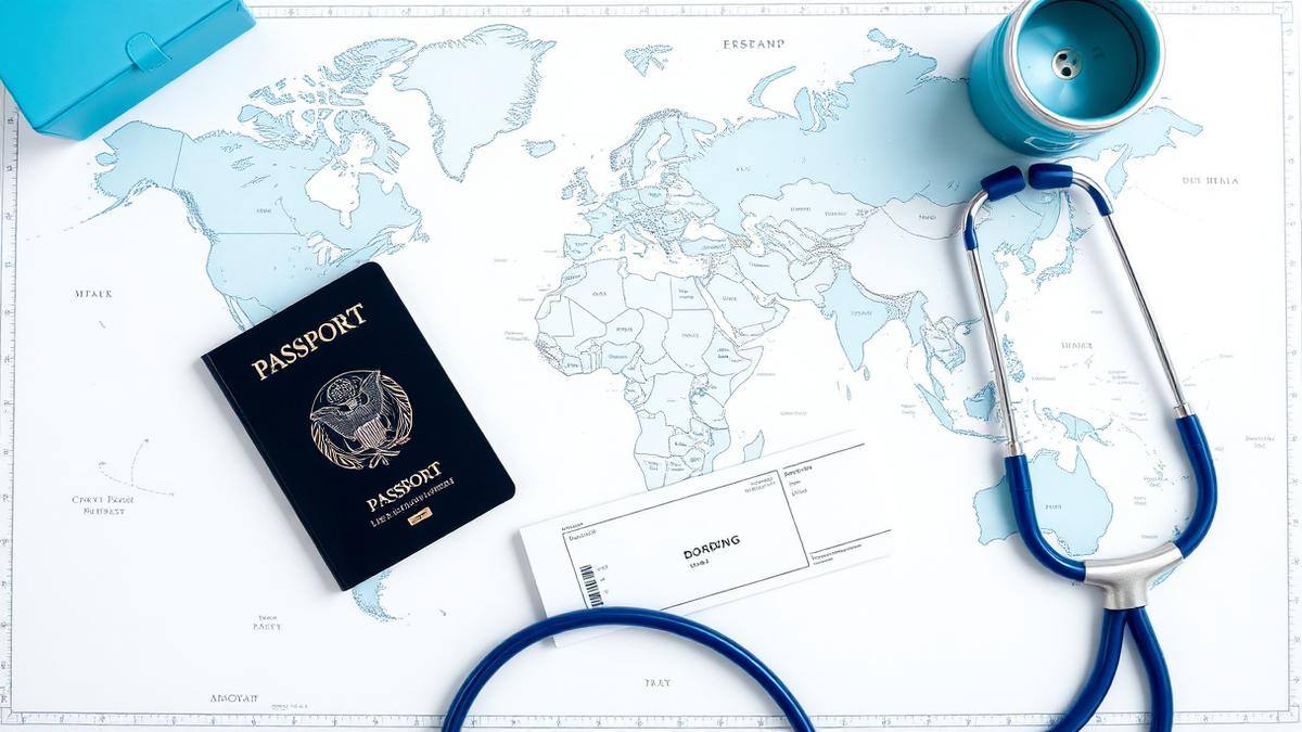 Flat lay of a passport, boarding pass and stethoscope on a world map, representing planning medical travel between countries
