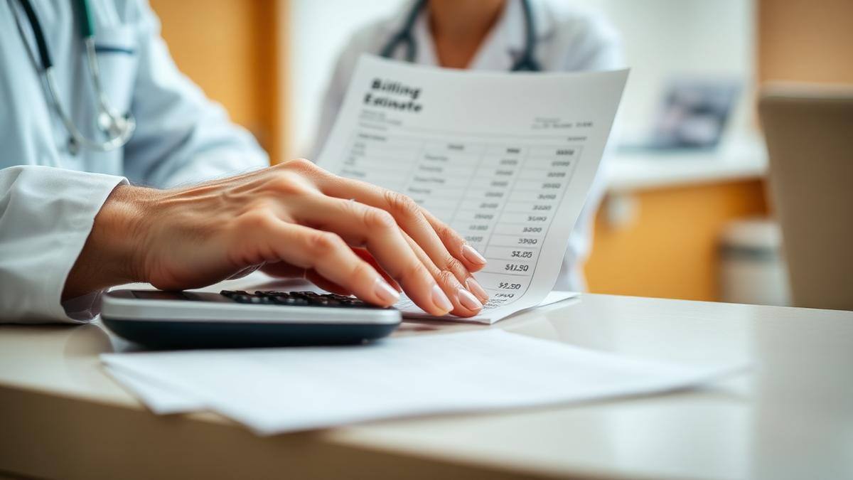 Hospital coordinator explaining a printed treatment cost estimate to a patient at an Indian hospital billing desk