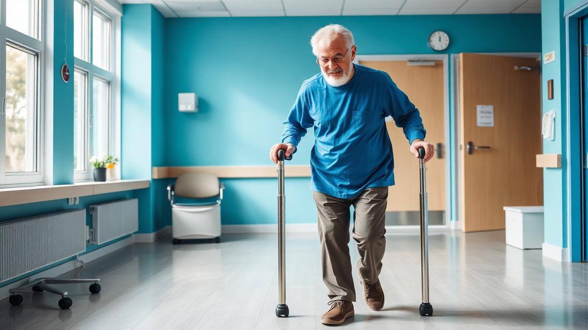 Older patient walking with support frames during knee replacement rehabilitation in a bright hospital physiotherapy corridor
