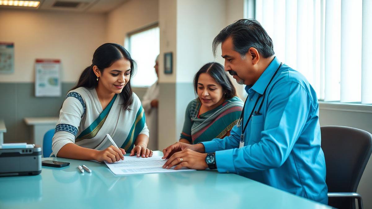 Patient and family completing medical visa paperwork with a coordinator at an Indian hospital international patient desk