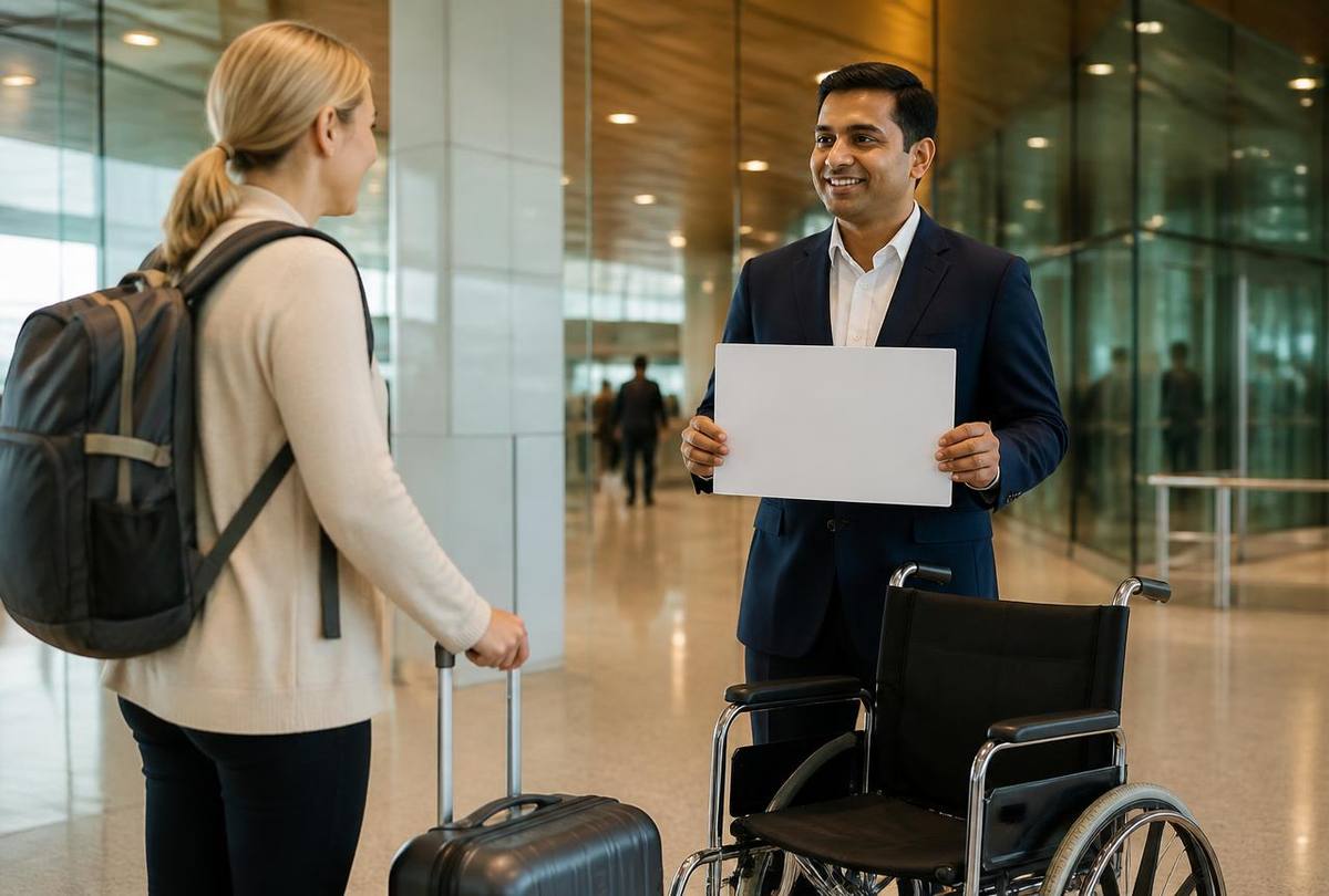 Ekalinga patient coordinator meeting an arriving international patient with wheelchair assistance at Indira Gandhi International Airport, Delhi