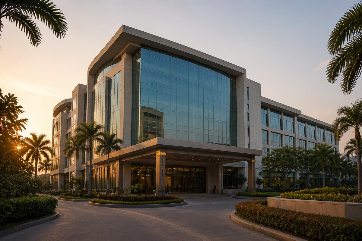 Glass-fronted multi-storey private hospital building in Delhi NCR at golden hour