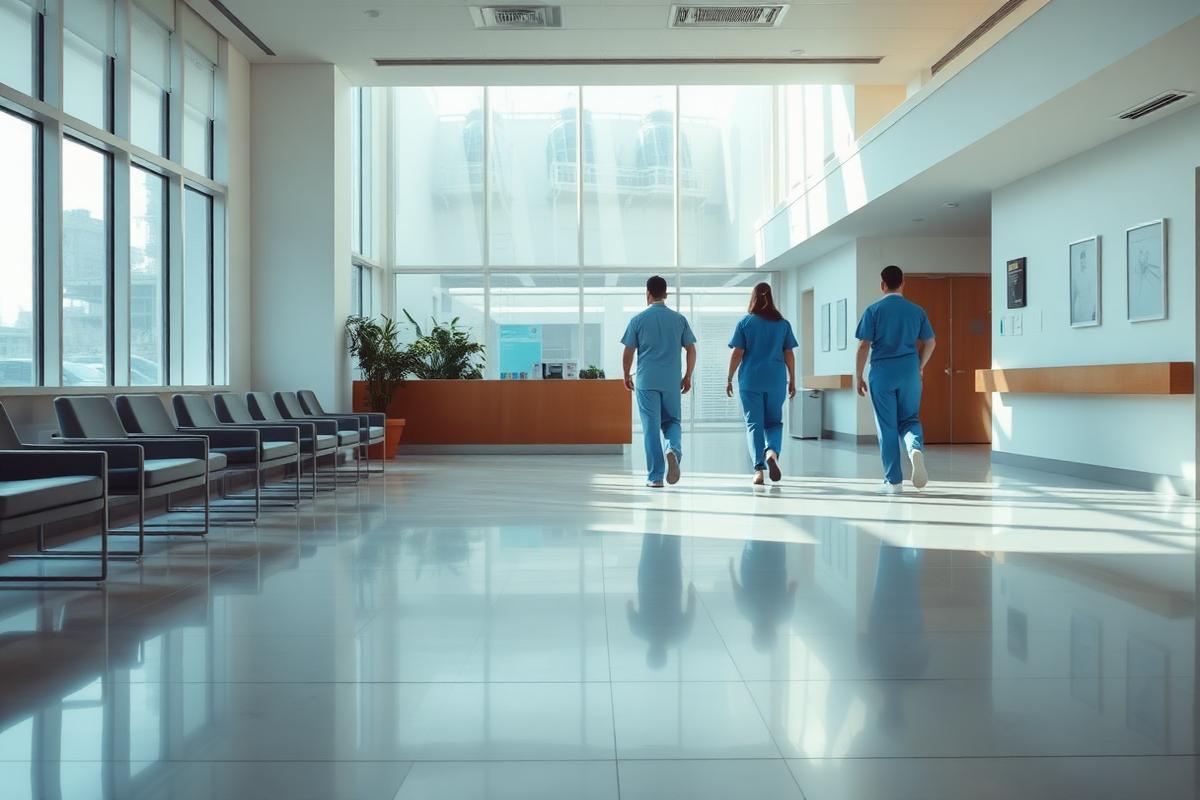 Bright modern hospital reception lobby with staff walking through in scrubs