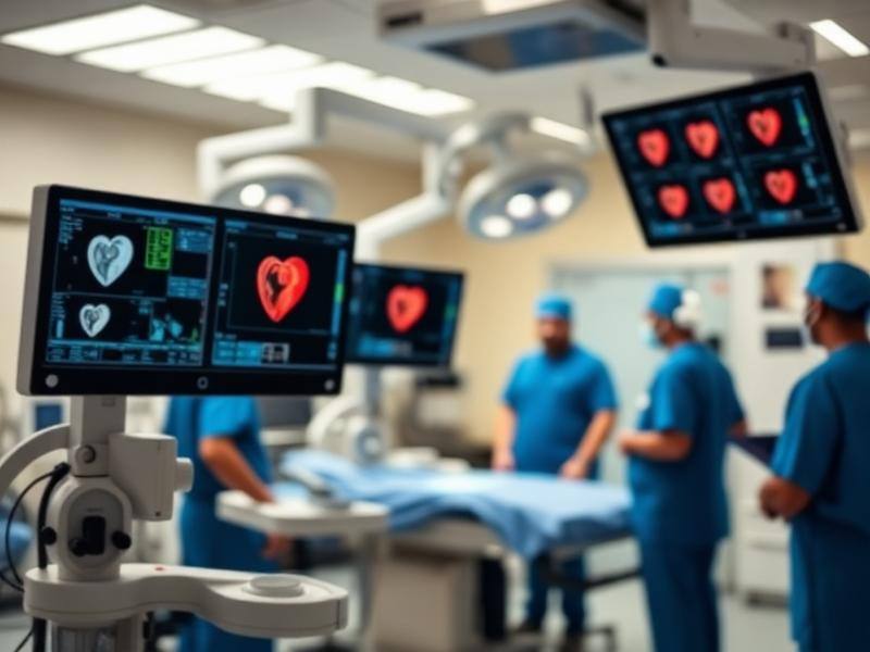 Cardiac catheterisation laboratory with imaging screens and surgical team