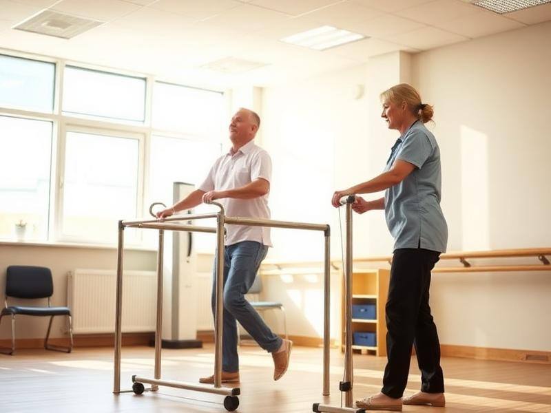 Physiotherapist supporting a patient walking after joint replacement surgery
