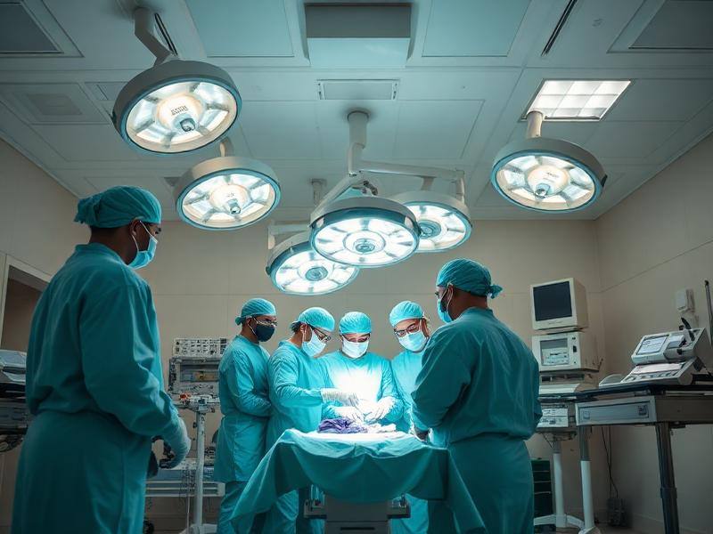 Surgical team in teal scrubs performing a transplant procedure in an operating theatre